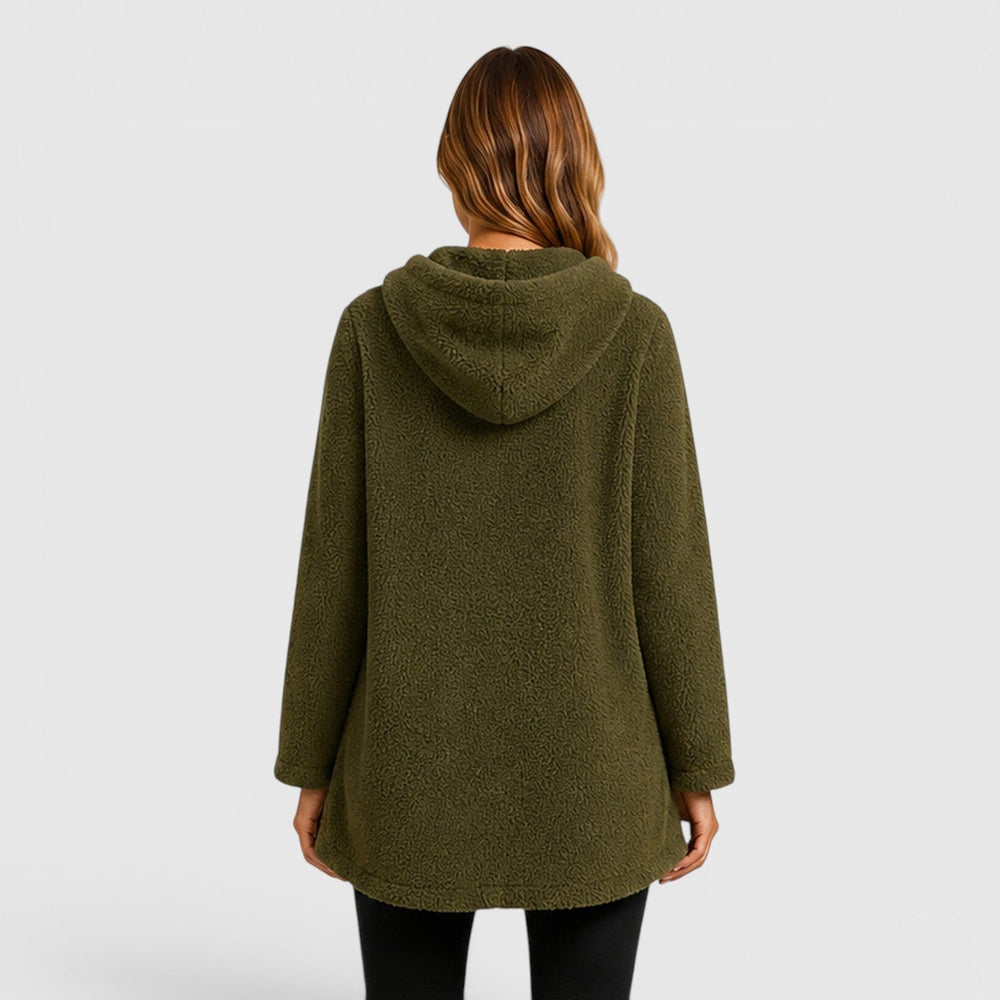 Telvorne | Women's Fleece Hoodie Tunic Top - Olive Green - Image 2