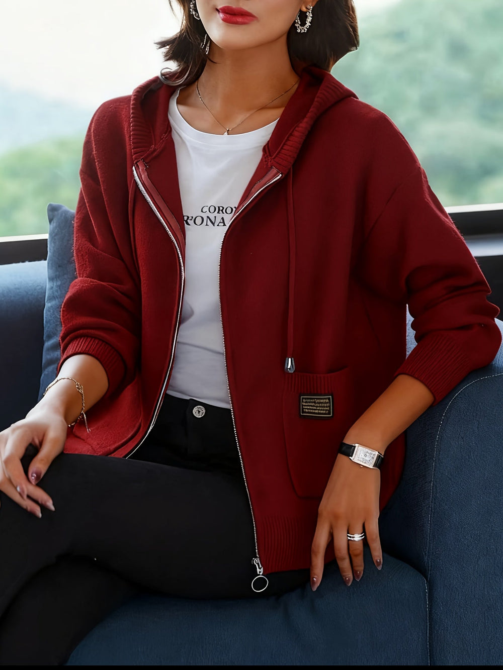 Threnody | Women's Zip-Up Hooded Cardigan - Burgundy - Image 2