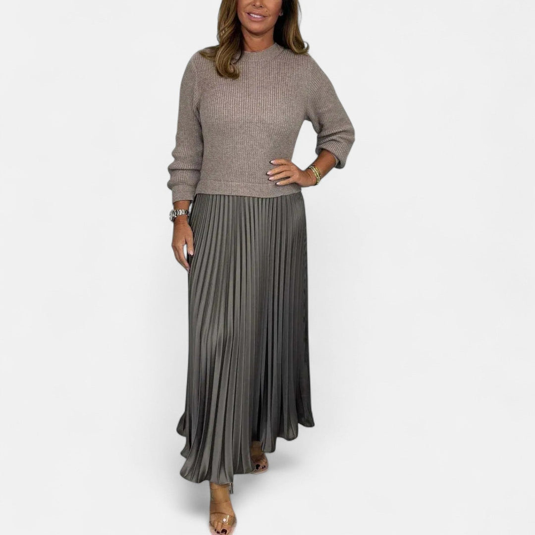 Tivara | Women's Oversized Knit Sweater & Pleated Maxi Skirt Set - Taupe - Image 1