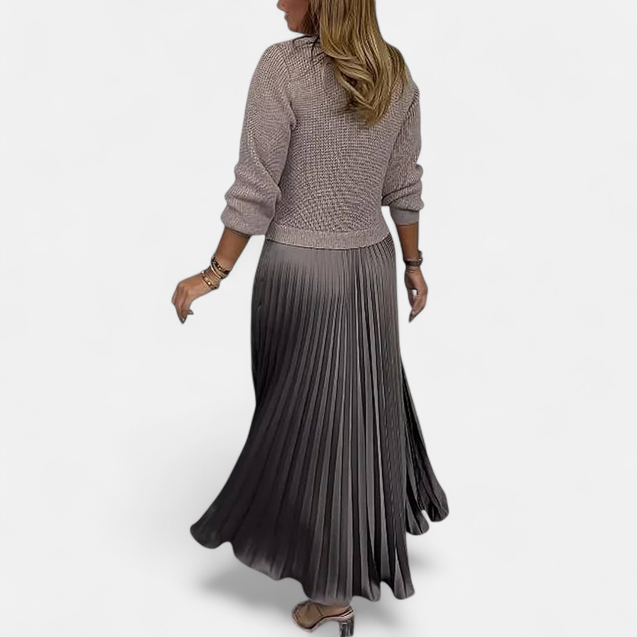Tivara | Women's Oversized Knit Sweater & Pleated Maxi Skirt Set - Taupe - Image 2