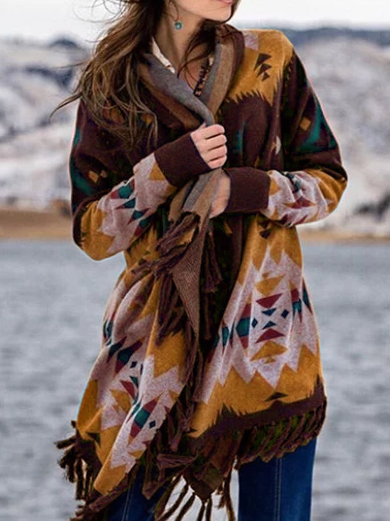 Tivorna | Women's Aztec Wrap Cardigan with Fringe - Image 1