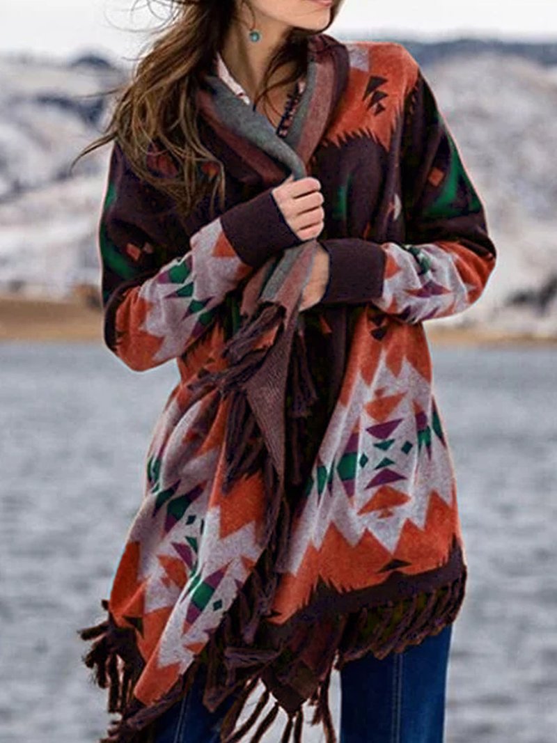 Tivorna | Women's Aztec Wrap Cardigan with Fringe - Image 2