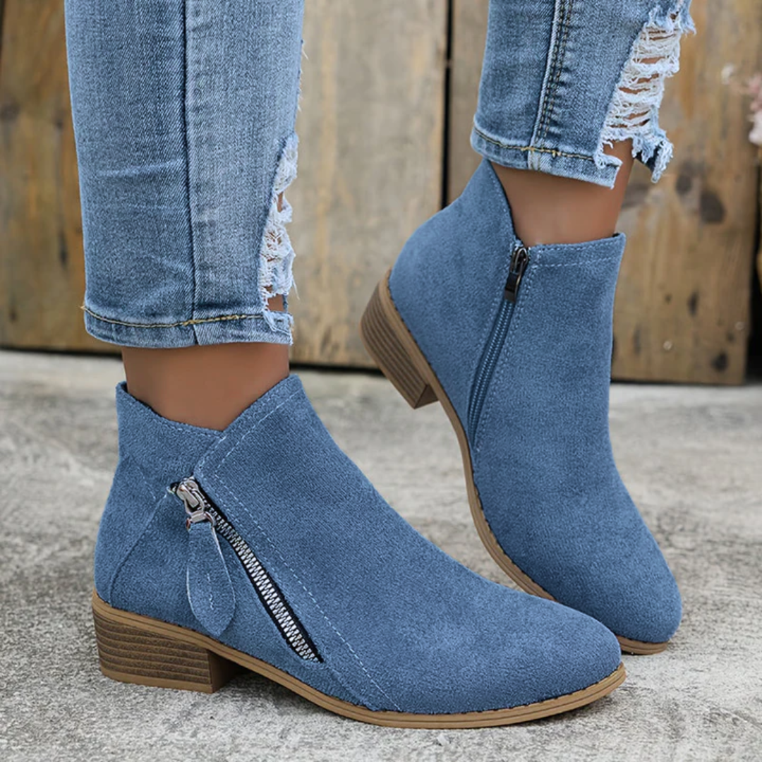 Toverine | Women's Ankle Boots Side Zipper Block Heel - Blue - Image 1