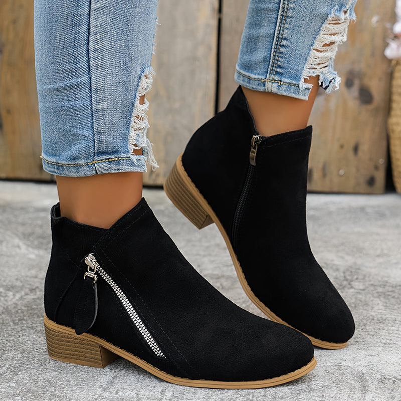 Toverine | Women's Ankle Boots Side Zipper Block Heel - Blue - Image 2