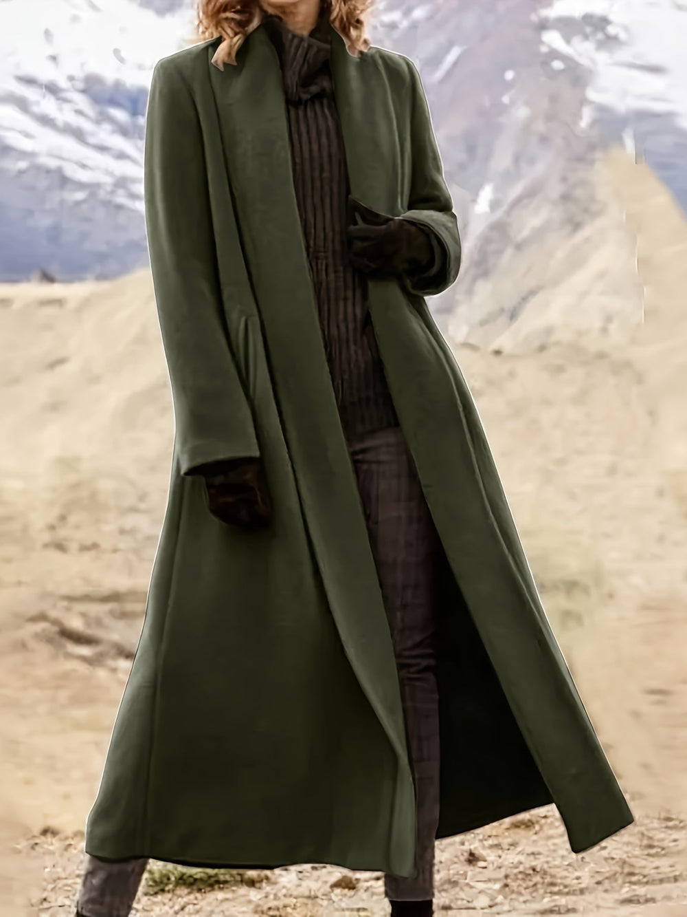 Trevaine | Women's Long Open Front Winter Coat - Olive Green - Image 2