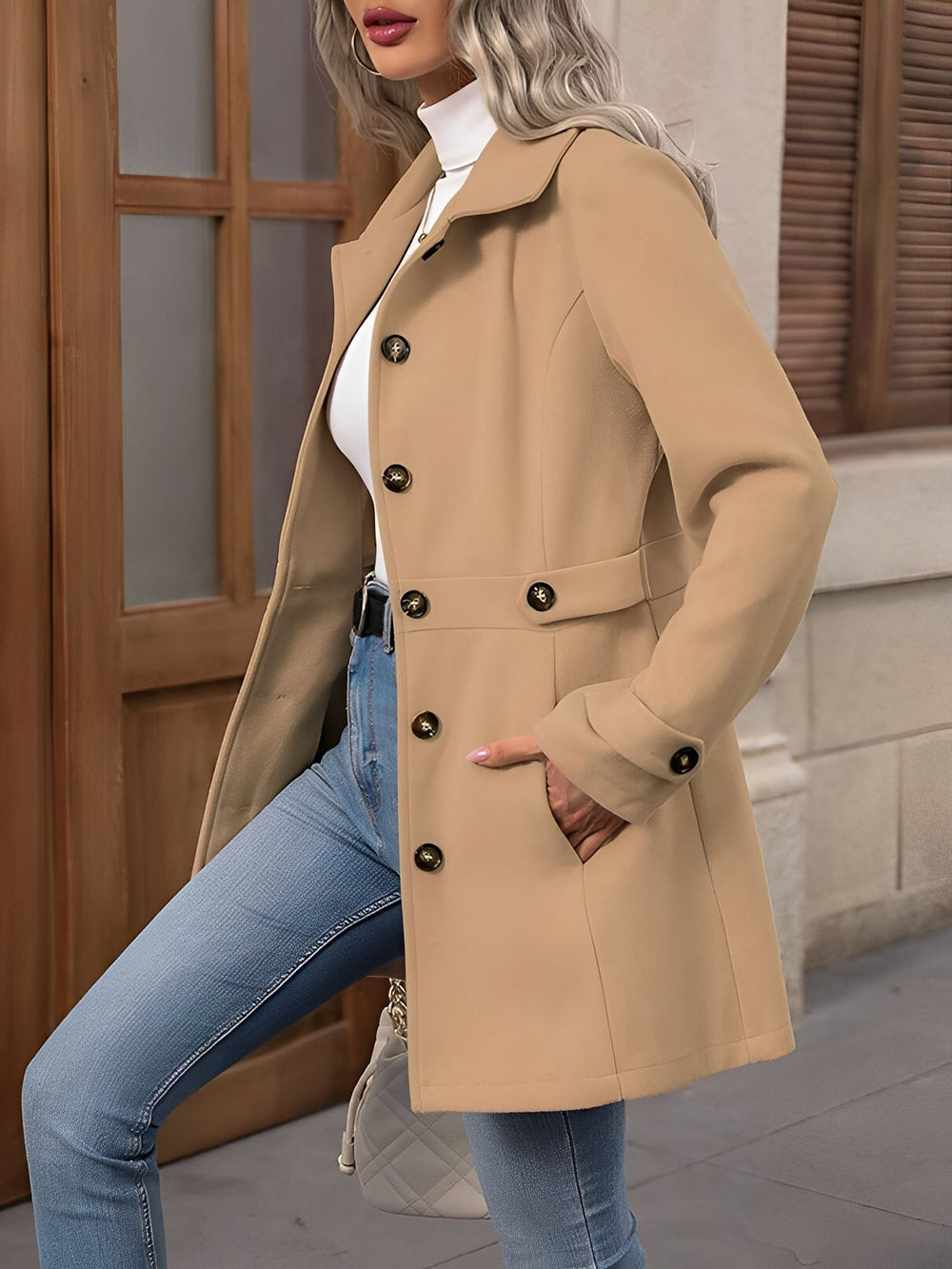 Trevorna | Women's Belted Trench Coat - Camel - Image 2