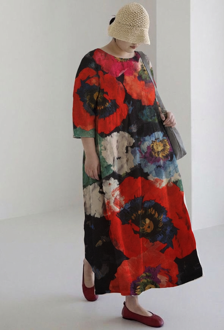 Veldara | Women's Floral Print Loose Midi Dress - Image 1