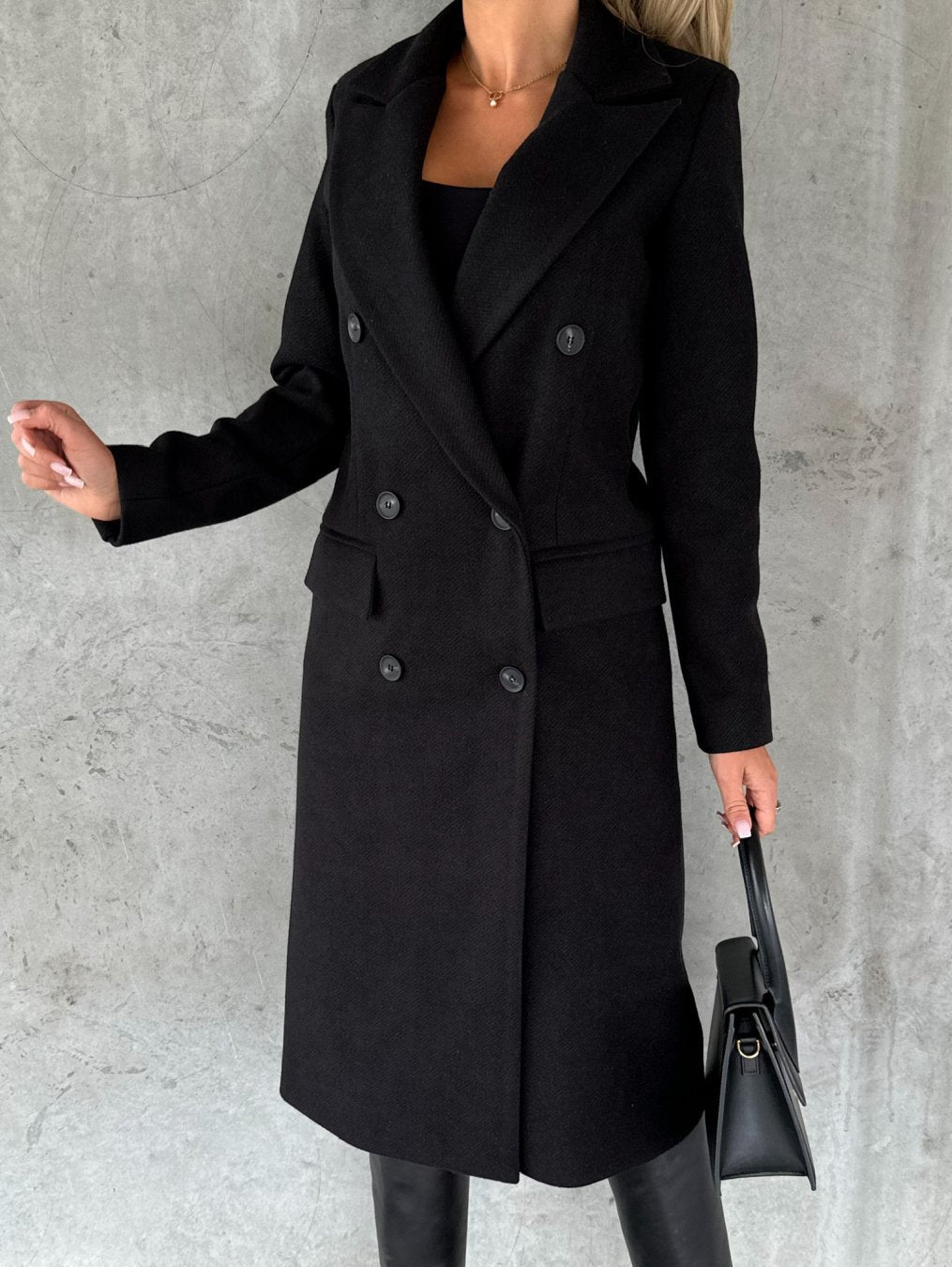 Veldora | Women's Double-Breasted Long Winter Coat - Black - Image 1