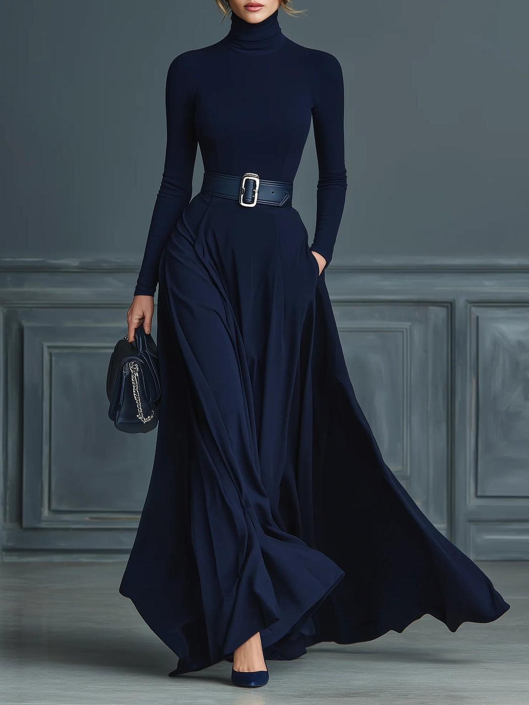 Veldorne | Women's Turtleneck Sweater Maxi Dress - Navy - Image 1