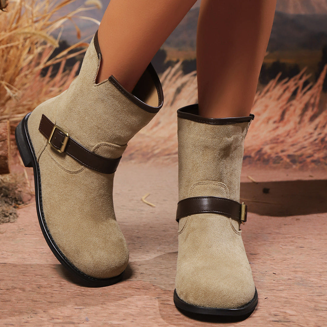 Veldris | Women's Buckle Ankle Boots Western Style - Beige - Image 1
