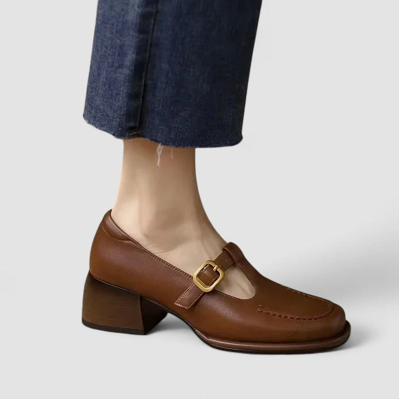 Veldrith | Women's Mary Jane T-Strap Block Heel Shoes - Brown - Image 2