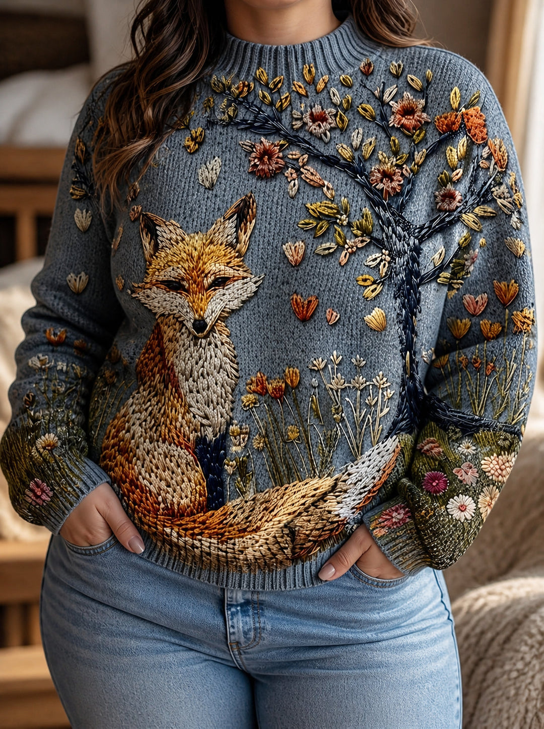 Veldwyn | Women's Embroidered Fox Turtleneck Sweater - Grey - Image 1