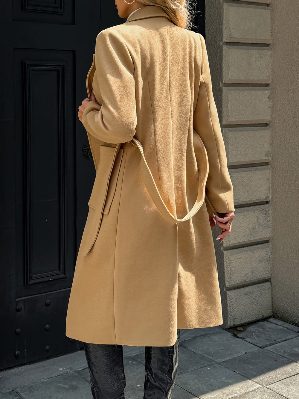 Velmora | Women's Belted Long Winter Coat - Camel - Image 2