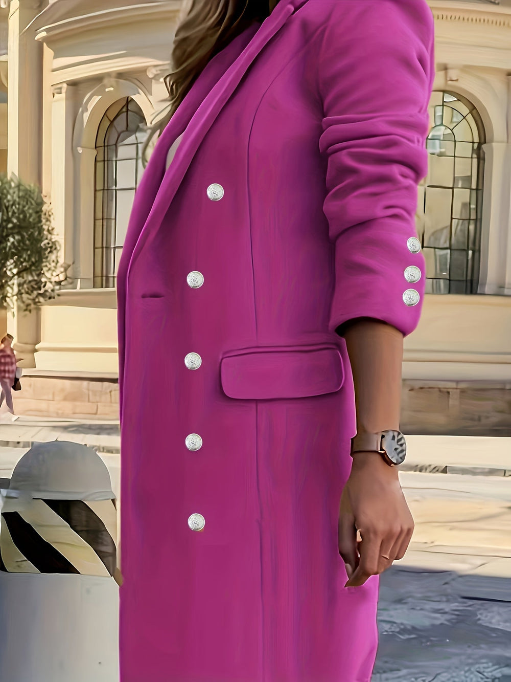 Verlette | Women's Winter Coat Double-Breasted Longline - Hot Pink - Image 2