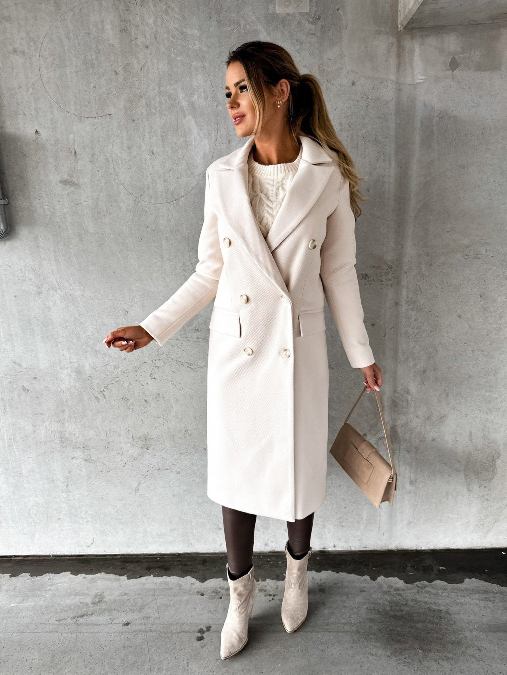 Vernaby | Women's Winter Coat Double-Breasted Long - Cream - Image 1