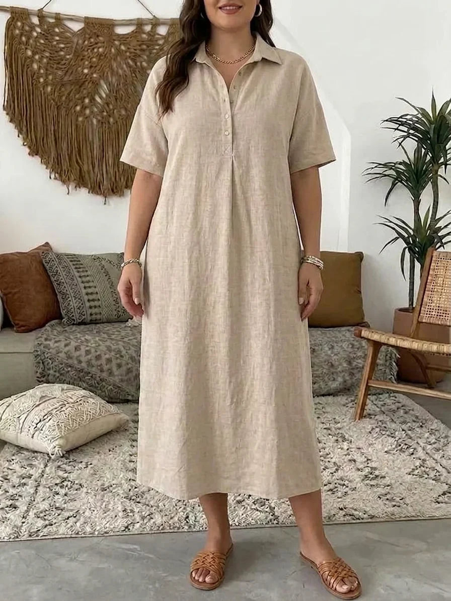 Vernelle | Women's Relaxed Midi Dress Collared - Beige - Image 1