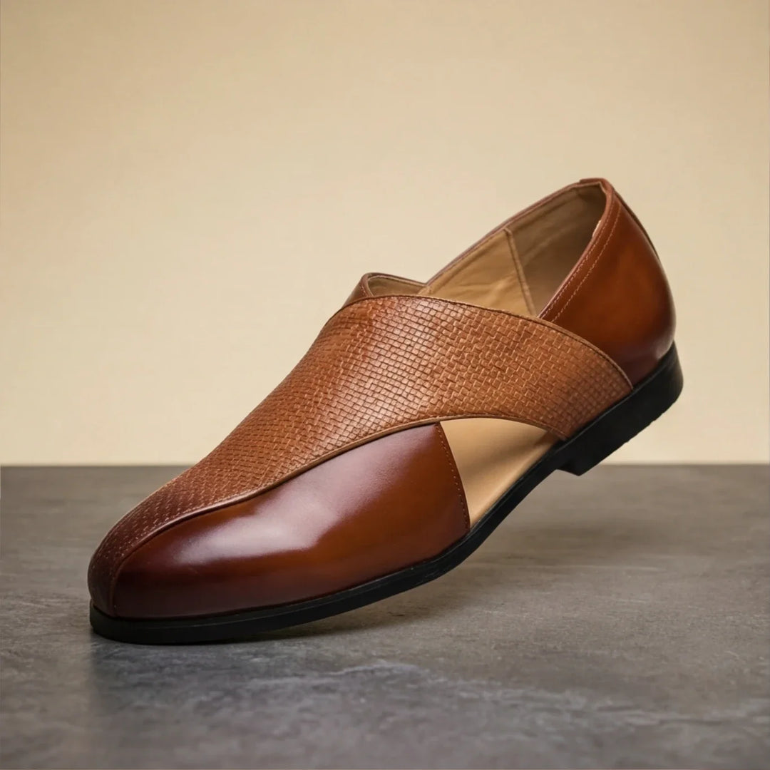 Vespalla | Women's Woven Leather Slip-On Loafers - Camel - Image 1