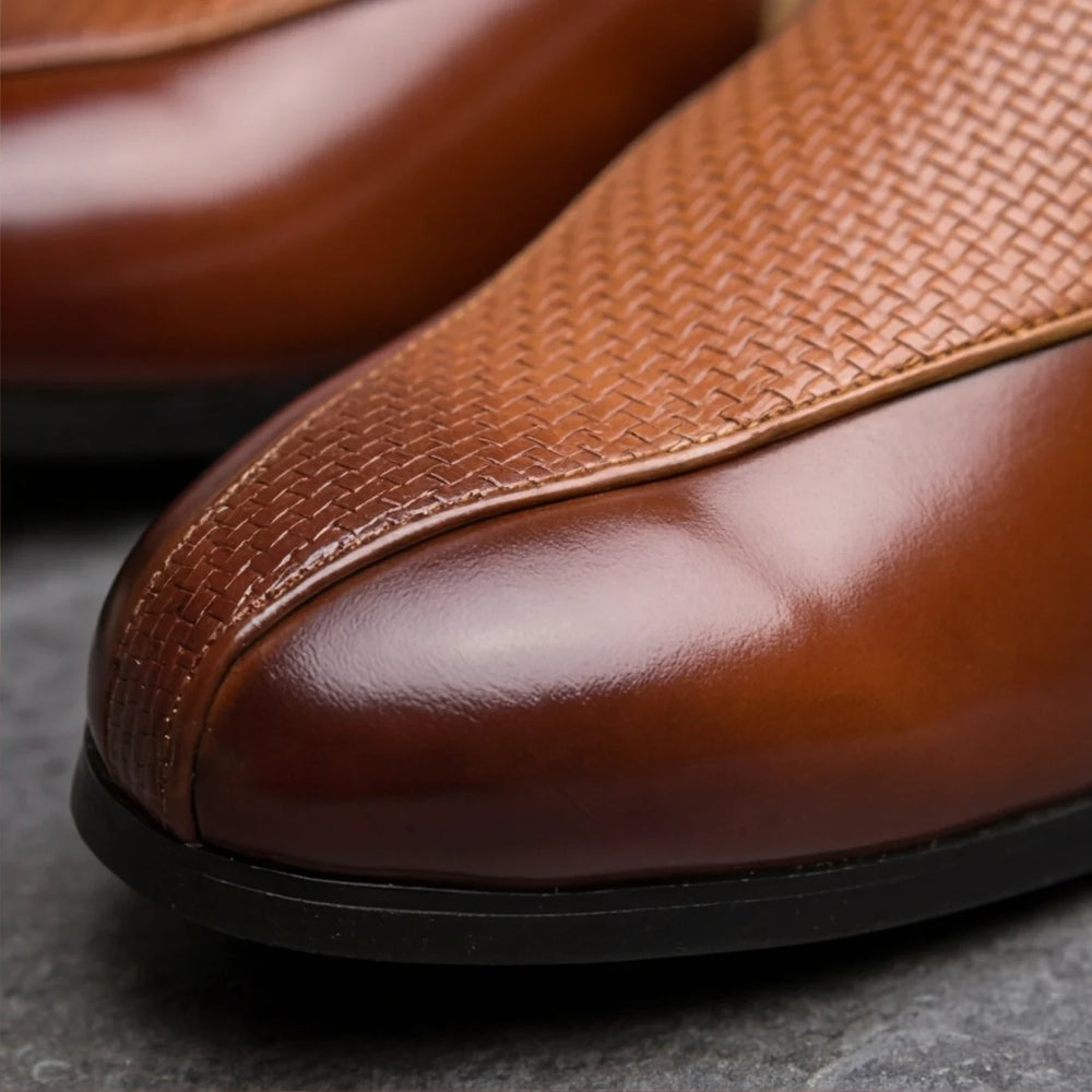 Vespalla | Women's Woven Leather Slip-On Loafers - Camel - Image 2