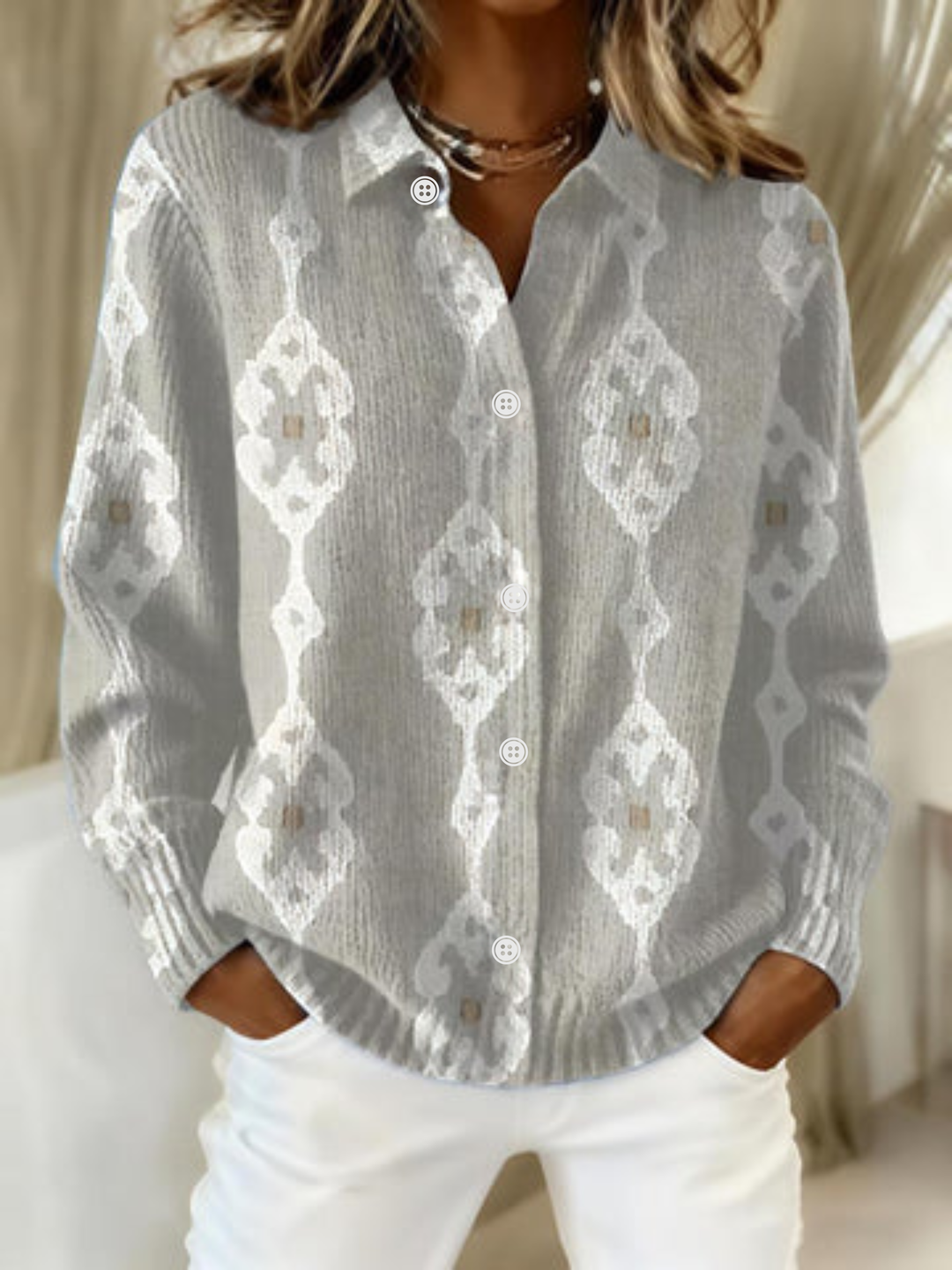 Vondra | Women's Geometric Print Cardigan - Light Grey - Image 1
