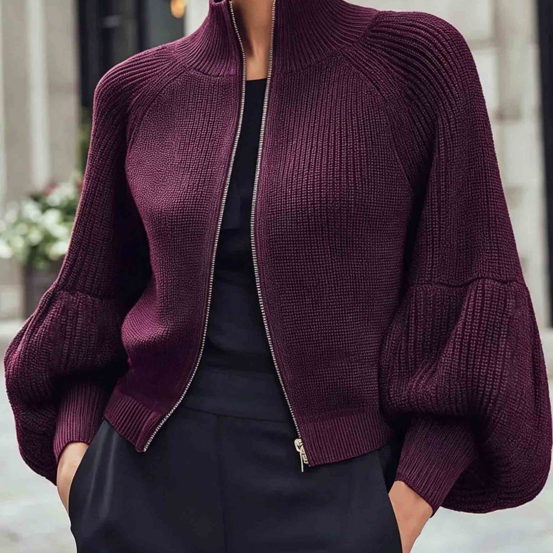 Vornell | Women's Zip-Up Puff Sleeve Knit Cardigan - Plum - Image 1