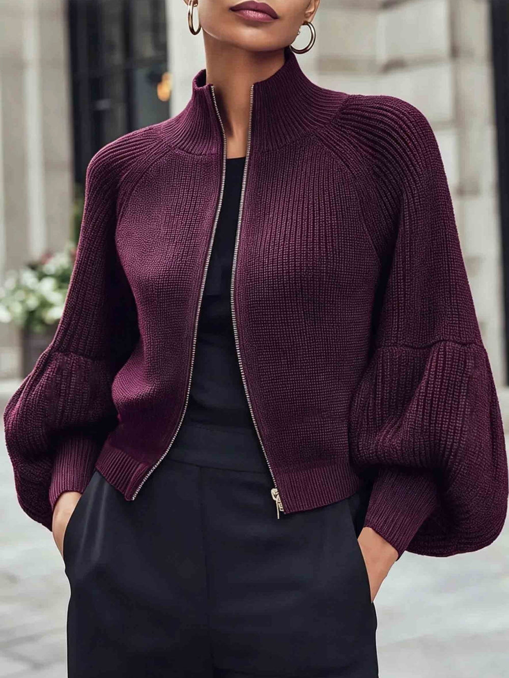 Vornell | Women's Zip-Up Puff Sleeve Knit Cardigan - Plum - Image 2