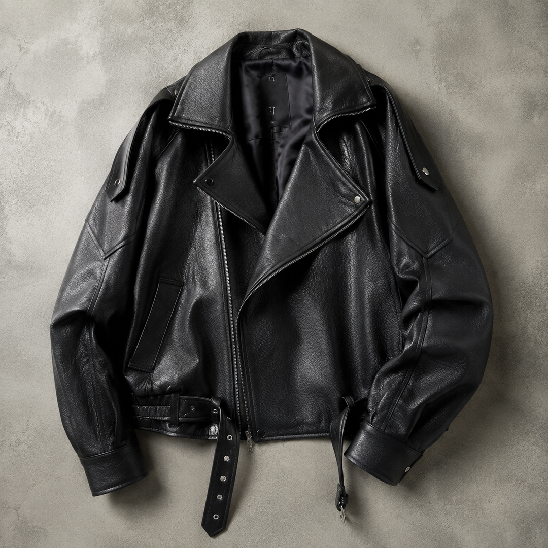 Vorresca | Women's Oversized Leather Biker Jacket - Black - Image 1