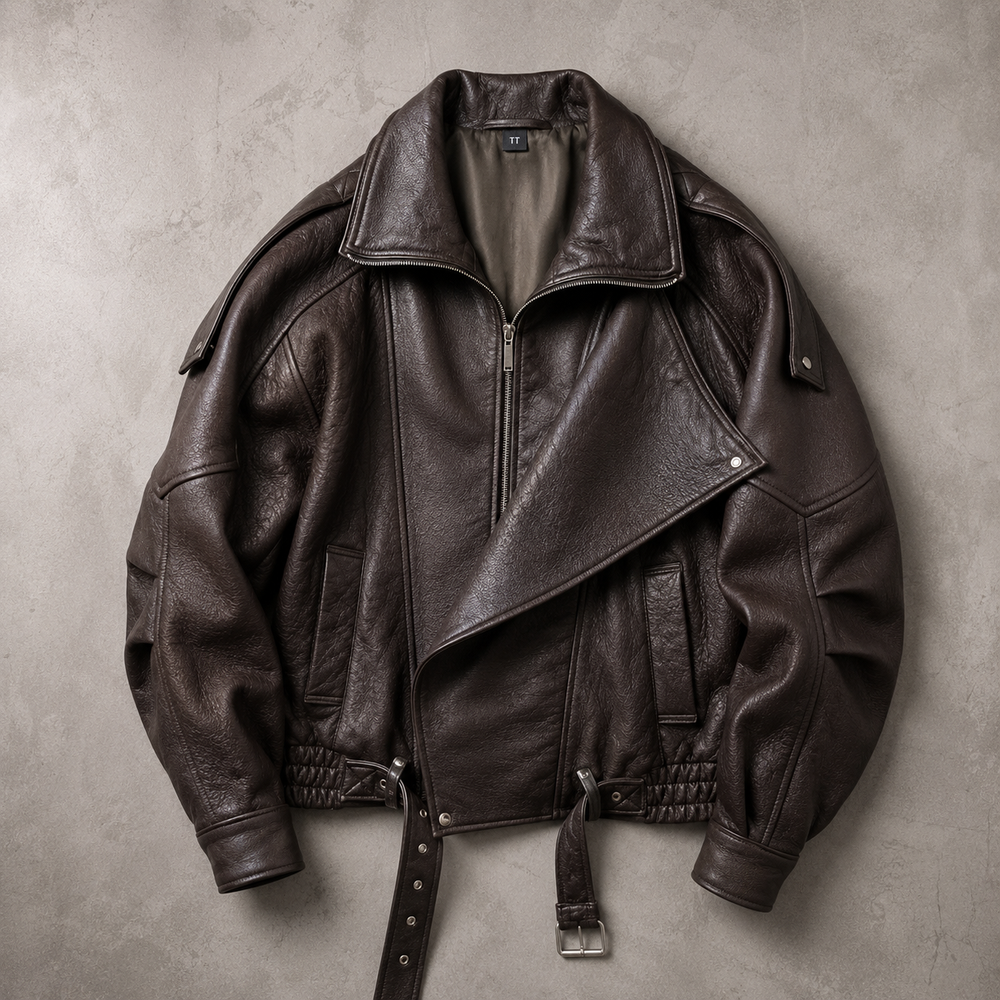 Vorresca | Women's Oversized Leather Biker Jacket - Black - Image 2