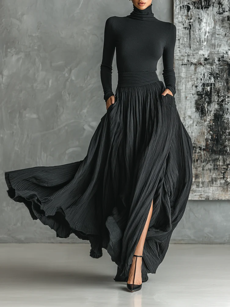 Vorrinda | Women's Turtleneck Pleated Maxi Skirt Set - Black - Image 1