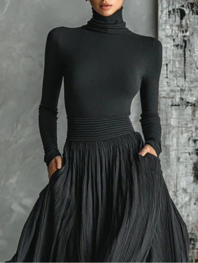 Vorrinda | Women's Turtleneck Pleated Maxi Skirt Set - Black - Image 2