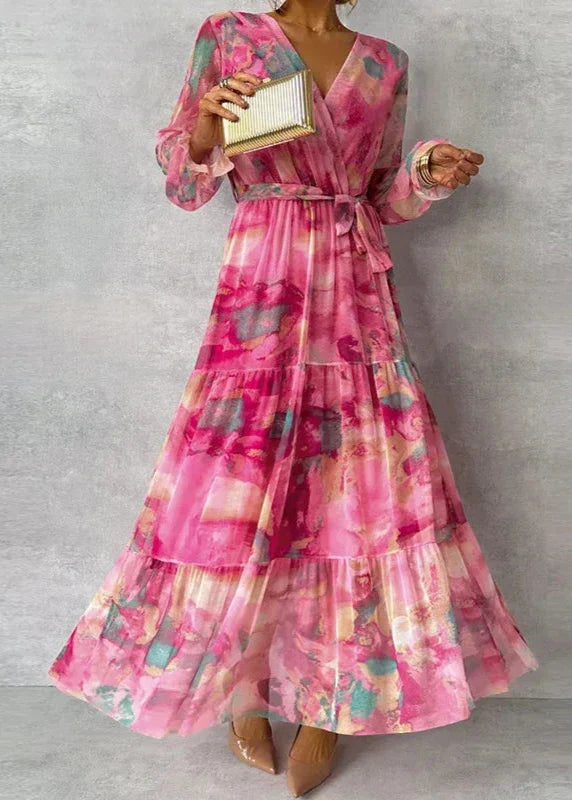 Vossara | Women's Fall Wedding Guest Floral Maxi Dress - Pink - Image 1