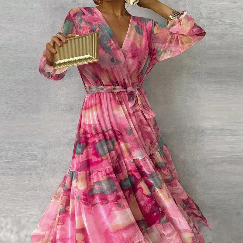 Vossara | Women's Fall Wedding Guest Floral Maxi Dress - Pink - Image 2